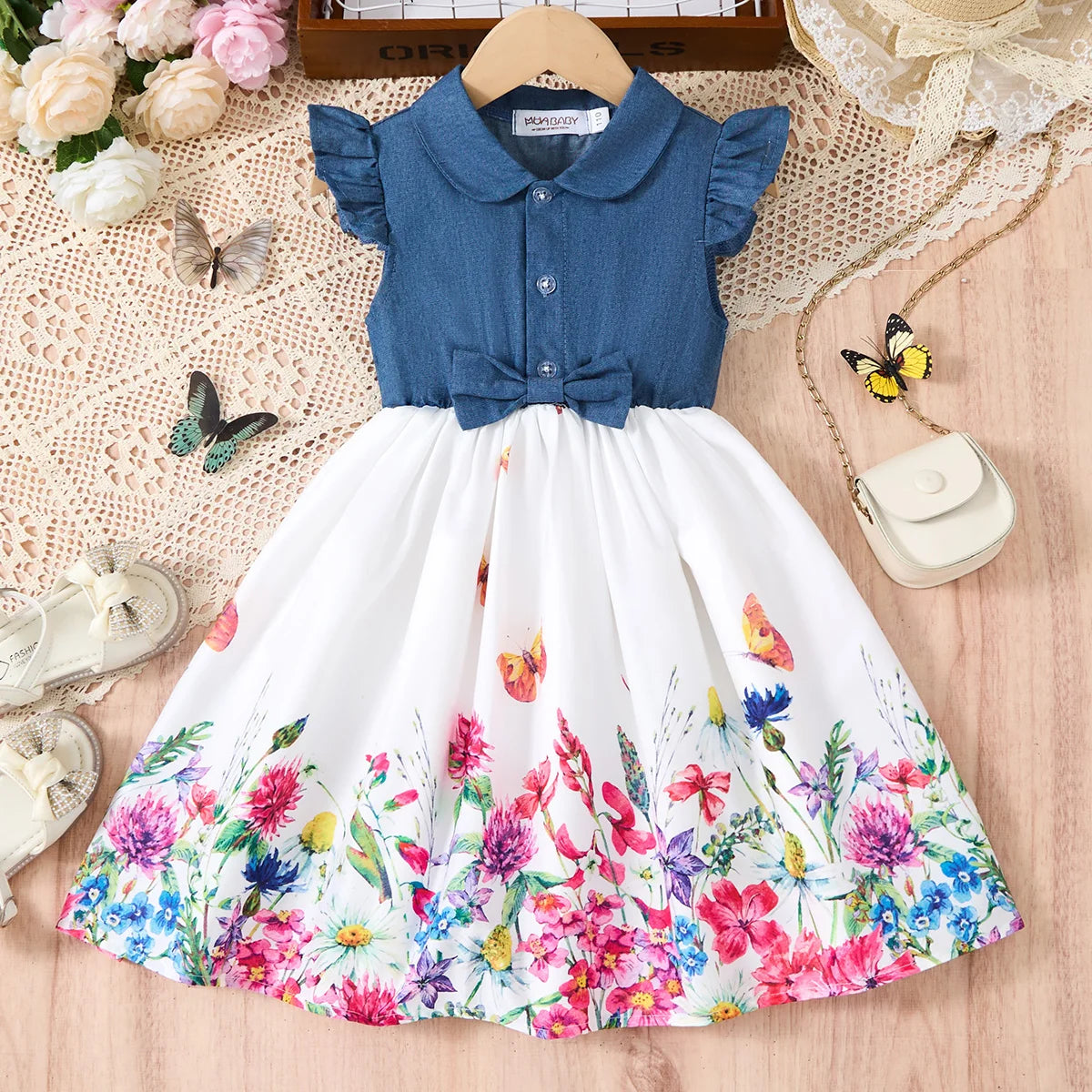 2025 New Summer Korean Style Cute Printed Bow Casual Dress for Girls Birthday Party Baby Girl Clothes 2-10 Years