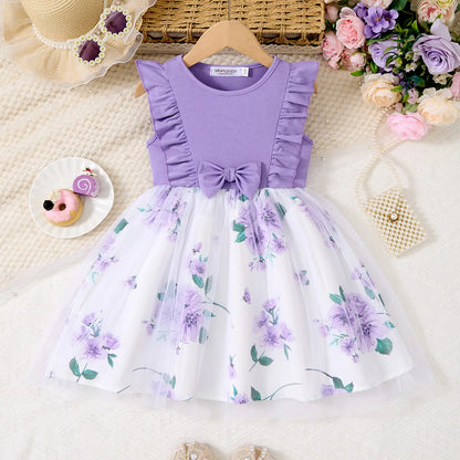 2025 nuevo vestido informal de estilo coreano de verano con bonito lazo estampado para niñas, ropa de fiesta de cumpleaños para niñas de 2 a 10 años