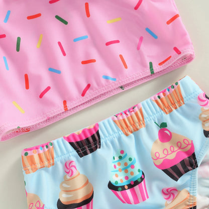 Citgeett Traje de baño de verano para niñas, sin mangas, con estampado de pastel, ropa de playa + pantalones cortos, conjunto de ropa