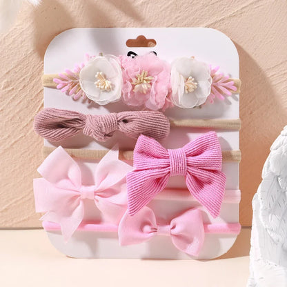 5 unids/lote, diadema elástica de nailon para bebé, banda para la cabeza con lazo de encaje y flores para recién nacido, accesorios suaves para el cabello para niña pequeña