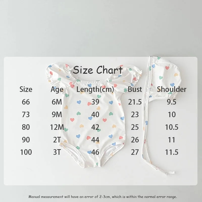 Bañador con gorro de baño para bebé, traje de baño de una pieza con estampado de corazón para niña, ropa de playa para niño pequeño