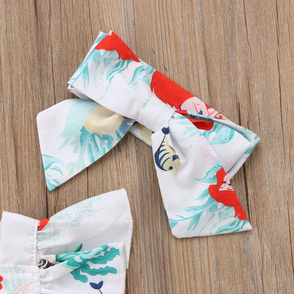 Pelele de verano para niñas recién nacidas con diadema, mono con estampado de sirena y manga con volantes y espalda descubierta, ropa de moda para bebés
