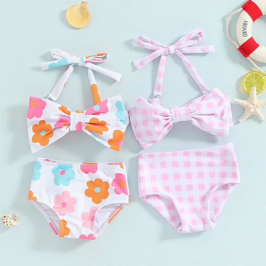 Conjunto de Bikini para niña pequeña, traje de baño de 2 piezas con cuello Halter, Bikini Floral sin mangas, Top anudado, pantalones cortos con estampado de flores a cuadros, 1-6T