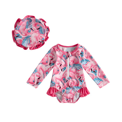 Traje de baño de manga larga para bebé y niña pequeña, Bañador con estampado de fresas y sombrero para el sol, 6M-3T