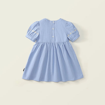 Vestido de Verano 2025 para Niña – Bordado Azul Cielo, Estilo Princesa con Mangas Cortas Abullonadas