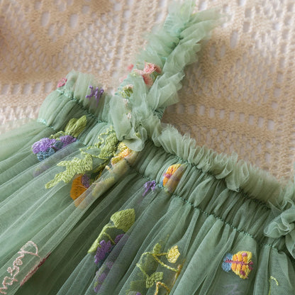 Vestido de verano para niñas pequeñas, tutú de malla hinchado, vestido con tirantes y bordado Floral de princesa, ropa de fiesta de cumpleaños para niñas pequeñas