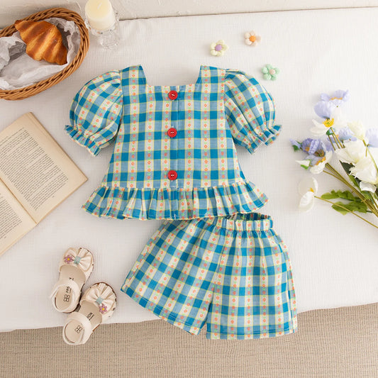 Conjunto de dos piezas de algodón a cuadros para niña, Top de manga de burbuja y pantalones cortos, estilo princesa, verano, 0 a 3 años
