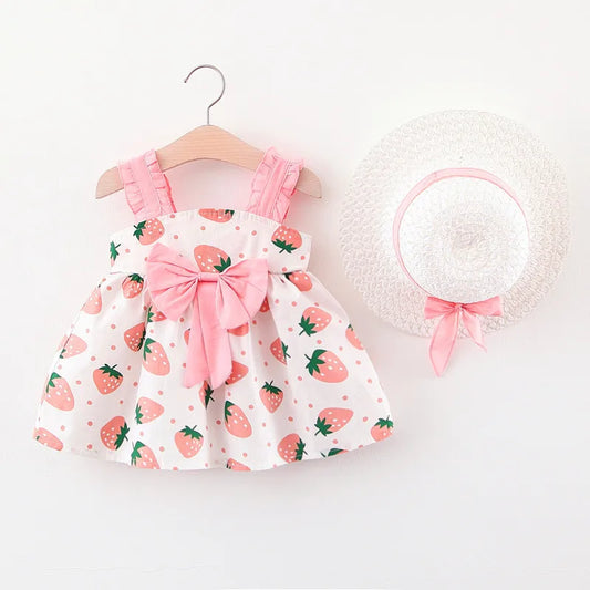 Vestido de verano para niña pequeña, versión coreana vestido Floral, elegante, algodón, pajarita, sombrero incluido