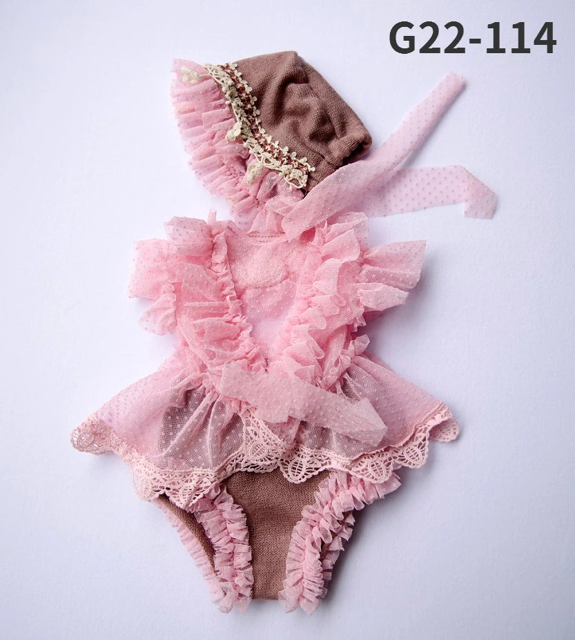 0-3Month Baby Newborn Photography Props Baby Hat Baby Girl Lace Romper Bodysuits Outfit  Photography Clothing