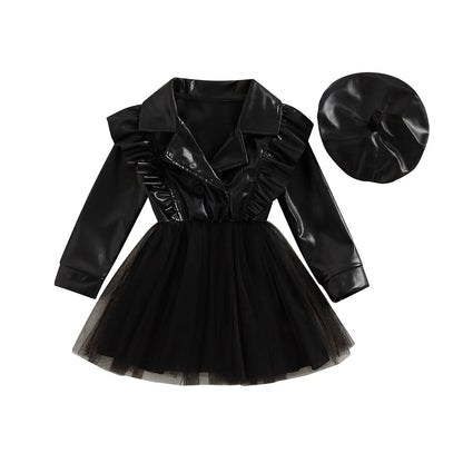 Vestido acampanado de manga larga con solapa de cuero PU para niñas pequeñas, vestido de retazos de tul con sombrero, 3-7T, primavera y otoño