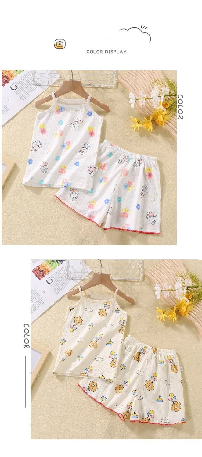 Camisola con tirantes y pantalones cortos para niña, conjunto de 2 piezas de algodón suave, pijama con estampado de dibujos animados, moda de verano, ropa informal para el hogar