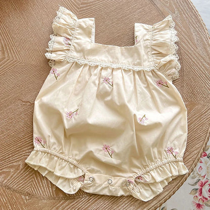 Mono para niñas recién nacidas, monos con bordado de flores de algodón y manga voladora, ropa para niñas pequeñas para verano