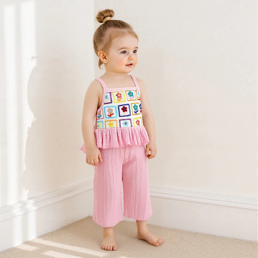 Pudcoco, conjunto de verano para niña pequeña con estampado de flores, tirantes finos con volantes, Tops sin mangas, pantalones de pierna ancha, conjunto de 2 uds 6M-4T