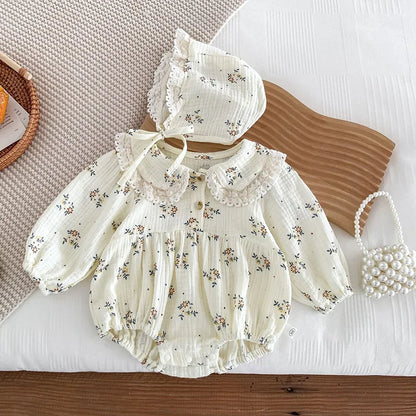 2025 primavera recién nacido bebé niñas mameluco + sombrero 2 uds solapa peleles florales niños moda ropa de bebé recién nacido niña mono