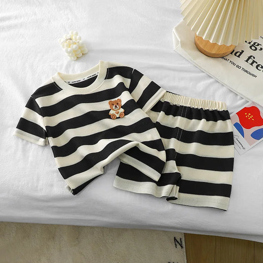 Ropa para niños, traje de manga corta para niños, Top a rayas + Pantalones cortos, camiseta de 2 piezas, ropa de verano para bebés, ropa para niños y niñas