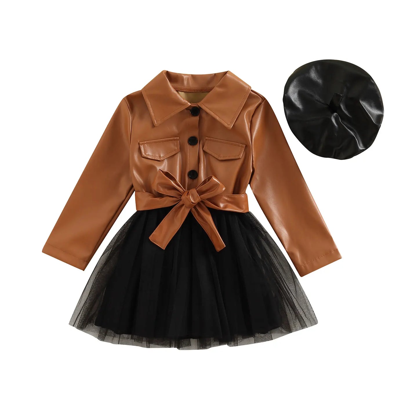 Vestido acampanado de manga larga con solapa de cuero PU para niñas pequeñas, vestido de retazos de tul con sombrero, 3-7T, primavera y otoño