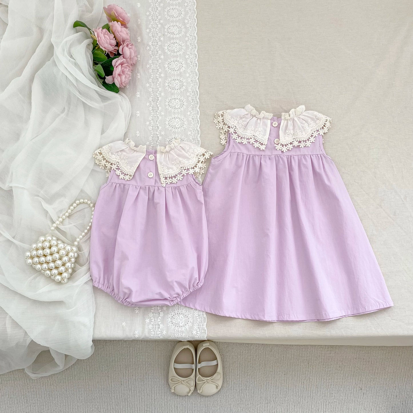 Vestido de encaje con cuello de pétalo para hermanas, peleles para bebés, ropa para niñas, vestido de princesa para fiesta con lazo, ropa dulce y bonita para niños