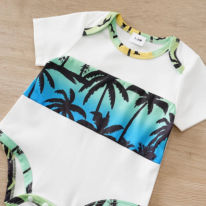 0-18Months Boys and Girls Summer Baby Short-Sleeve Outfit Set Full Print Tropical Beach Plants baby clothes Perfect for Vacation