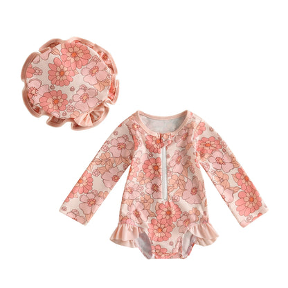 Traje de baño de manga larga para bebé y niña pequeña, Bañador con estampado de fresas y sombrero para el sol, 6M-3T