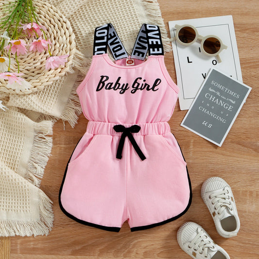 Pelele de verano para niñas pequeñas, sin mangas con cuello redondo y Mono corto estampado de letras, ropa de cintura elástica 9M-4T