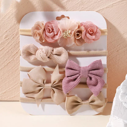 5 unids/lote, diadema elástica de nailon para bebé, banda para la cabeza con lazo de encaje y flores para recién nacido, accesorios suaves para el cabello para niña pequeña