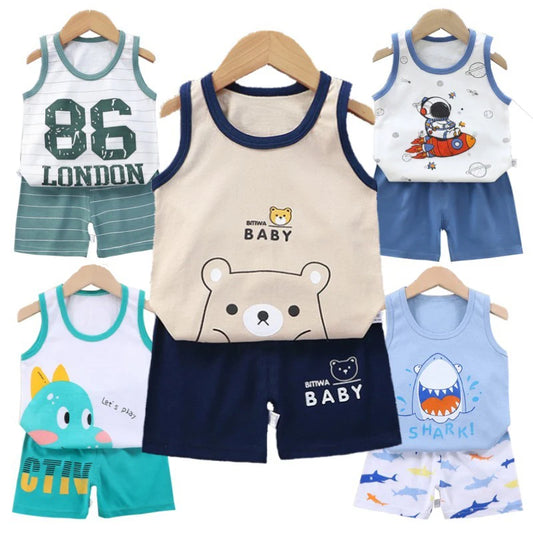Conjunto de 2 piezas de chaleco y pantalones cortos transpirables de algodón para niños y niñas, chándal de verano con estampado de dibujos animados, ropa informal, traje de 1 a 6 años