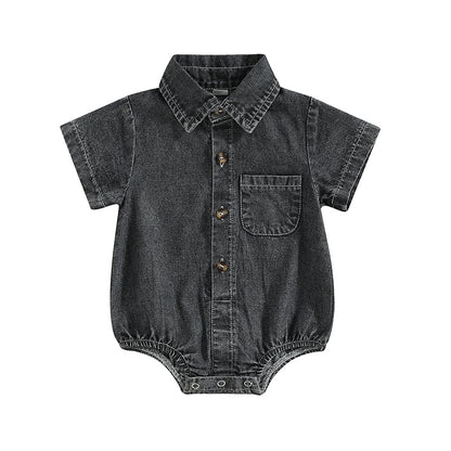 Mono vaquero para recién nacidos, niños y niñas, mono liso de manga corta con cuello vuelto, monos para bebés, monos informales con botones de verano