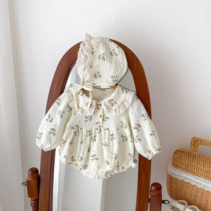 2025 primavera recién nacido bebé niñas mameluco + sombrero 2 uds solapa peleles florales niños moda ropa de bebé recién nacido niña mono