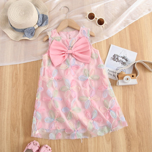 Vestido de verano para niña, vestido de princesa sin mangas a la moda de gasa de red Floral con lazo grande, vestidos informales para niñas de 3 a 7 años
