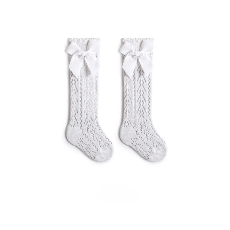 Calcetines de verano para niñas pequeñas, calcetín largo con lazo para niños hasta la rodilla, medias de malla de algodón suave, calcetines de encaje calados de estilo español de 0 a 3 años
