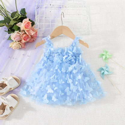 (0-3 años) novedad de verano, vestido para niñas, Color sólido, Halter, mariposa adornada, falda acampanada, vestido de princesa dulce de malla