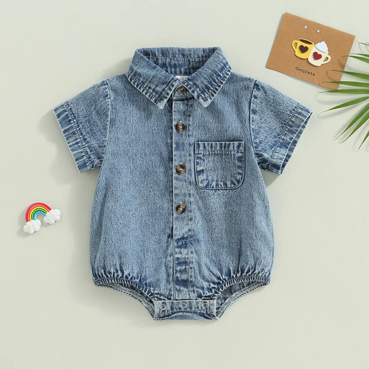Mono vaquero para recién nacidos, niños y niñas, mono liso de manga corta con cuello vuelto, monos para bebés, monos informales con botones de verano