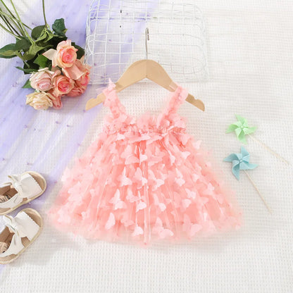 (0-3 años) novedad de verano, vestido para niñas, Color sólido, Halter, mariposa adornada, falda acampanada, vestido de princesa dulce de malla