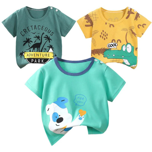 Camiseta de manga corta de algodón suave para verano, chándal con estampado de dinosaurio y perro de dibujos animados para bebés, ropa informal de 1 a 4 años