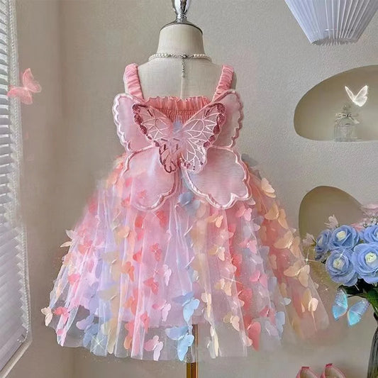 Nuevos vestidos de noche para fiesta de cumpleaños para niñas, ropa de verano con alas de mariposa para niños, disfraz colorido dulce para niños pequeños