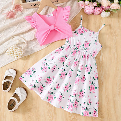 2025 nuevo vestido informal de estilo coreano de verano con bonito lazo estampado para niñas, ropa de fiesta de cumpleaños para niñas de 2 a 10 años