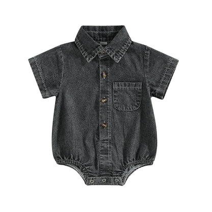 Mono vaquero para recién nacidos, niños y niñas, mono liso de manga corta con cuello vuelto, monos para bebés, monos informales con botones de verano