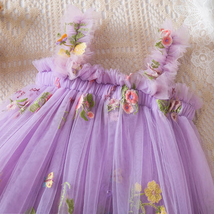 Vestido de verano para niñas pequeñas, tutú de malla hinchado, vestido con tirantes y bordado Floral de princesa, ropa de fiesta de cumpleaños para niñas pequeñas