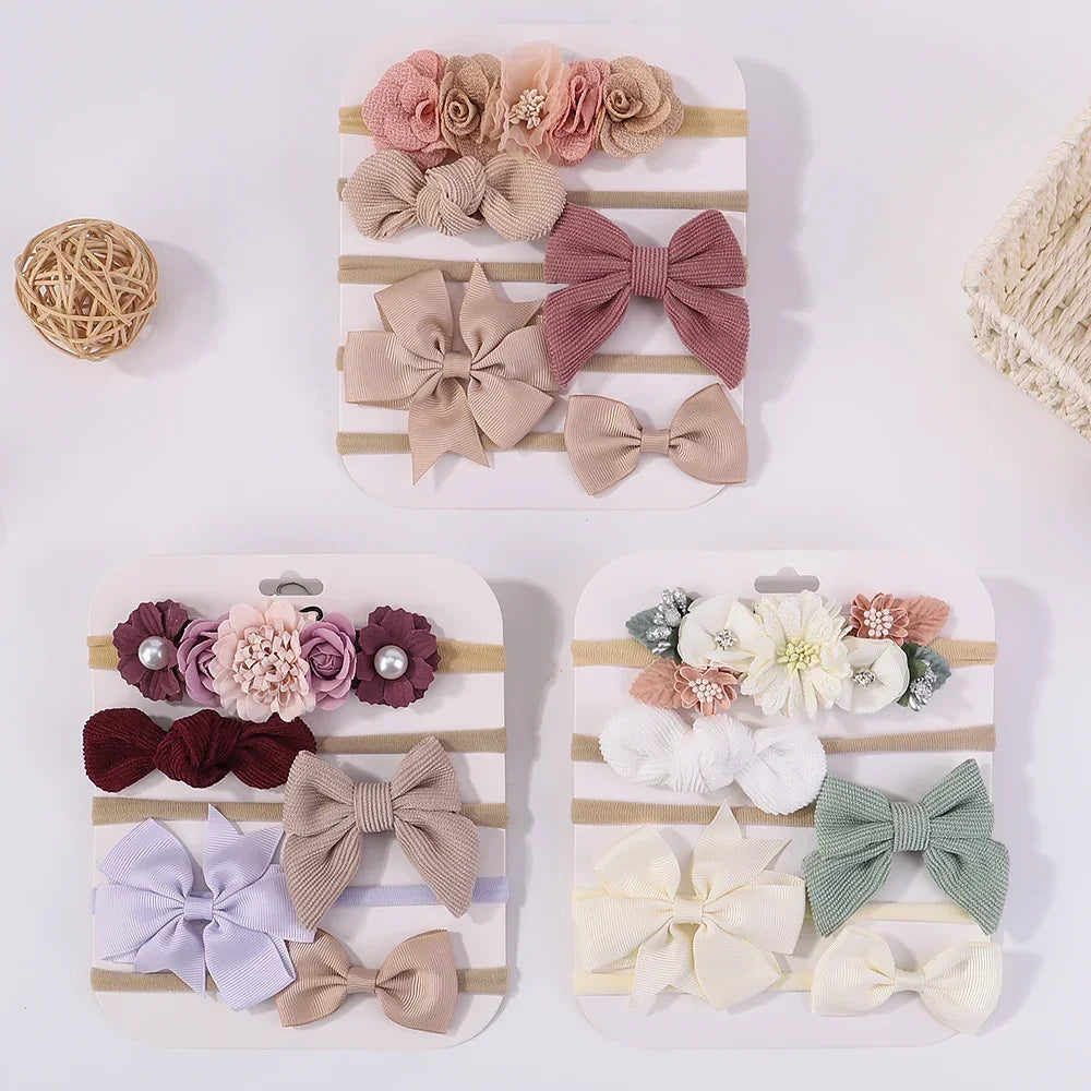 5 unids/lote, diadema elástica de nailon para bebé, banda para la cabeza con lazo de encaje y flores para recién nacido, accesorios suaves para el cabello para niña pequeña