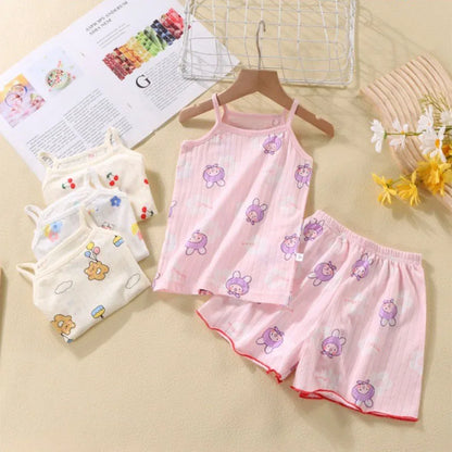 Camisola con tirantes y pantalones cortos para niña, conjunto de 2 piezas de algodón suave, pijama con estampado de dibujos animados, moda de verano, ropa informal para el hogar