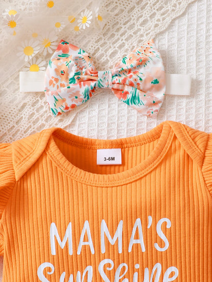 Conjunto de tres piezas de algodón para niña recién nacida, Top de manga corta con diadema, pantalones cortos con estampado de letras, lazo, verano, 0 a 2 años