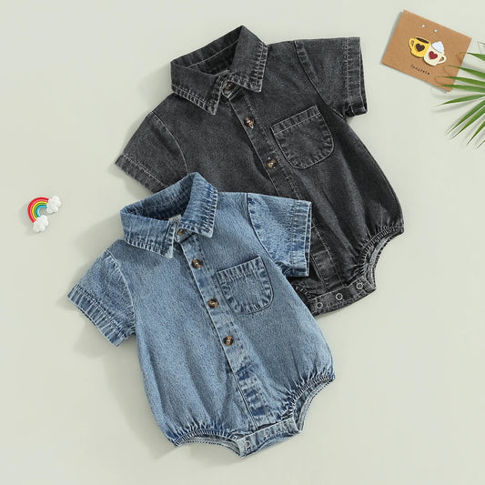 Mono vaquero para recién nacidos, niños y niñas, mono liso de manga corta con cuello vuelto, monos para bebés, monos informales con botones de verano