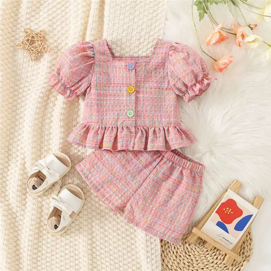 Conjunto de dos piezas de algodón a cuadros para niña, Top de manga de burbuja y pantalones cortos, estilo princesa, verano, 0 a 3 años