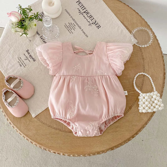 Nuevo mono de verano para niña, bonito mono de algodón bordado con manga de burbuja, ropa cómoda para niños adecuada para 0-2 años