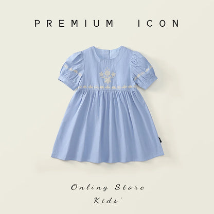Vestido de Verano 2025 para Niña – Bordado Azul Cielo, Estilo Princesa con Mangas Cortas Abullonadas