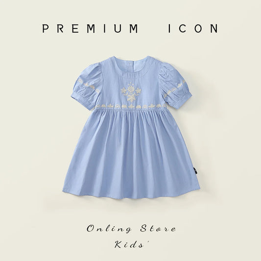 Vestido de Verano 2025 para Niña – Bordado Azul Cielo, Estilo Princesa con Mangas Cortas Abullonadas