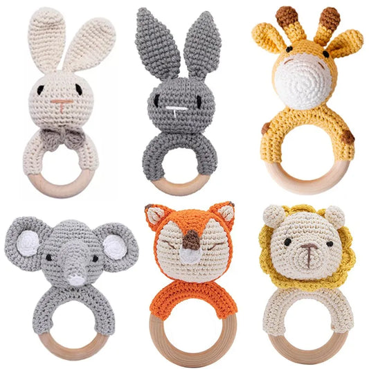1 unidad de juguetes de sonajero para bebé, diseño de ganchillo de madera, conejo, conejo, zorro León, BearToy, regalo para recién nacido, mordedor de bebé, Crochet, nombre personalizado