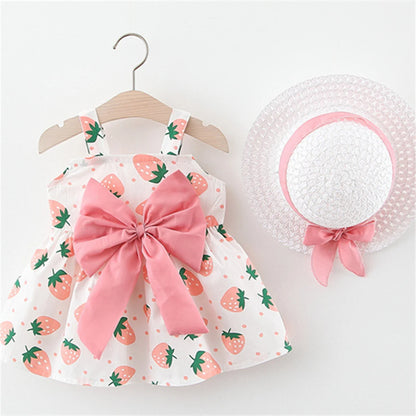 Vestido de verano para niña pequeña, versión coreana vestido Floral, elegante, algodón, pajarita, sombrero incluido