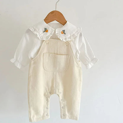 Traje de ropa para niños, conjunto de ropa para niñas pequeñas, camisa bordada de manga larga + mono vaquero, traje de ropa de otoño y primavera