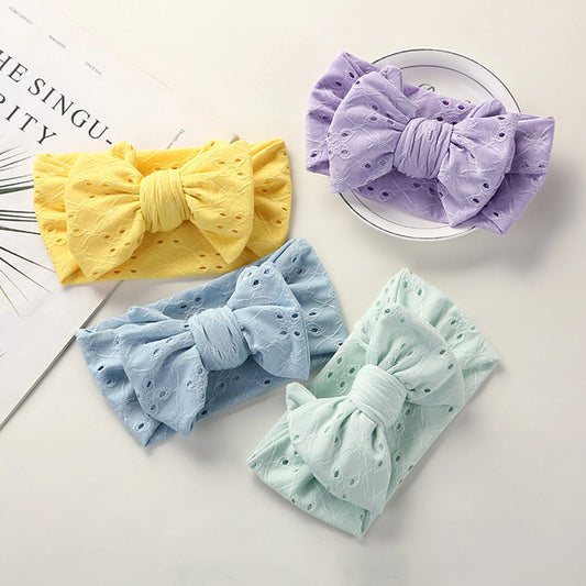 Banda para el pelo para bebé recién nacido, diadema de lazo elástico con agujero hueco de encaje bordado, accesorios para fotos, regalo de cumpleaños